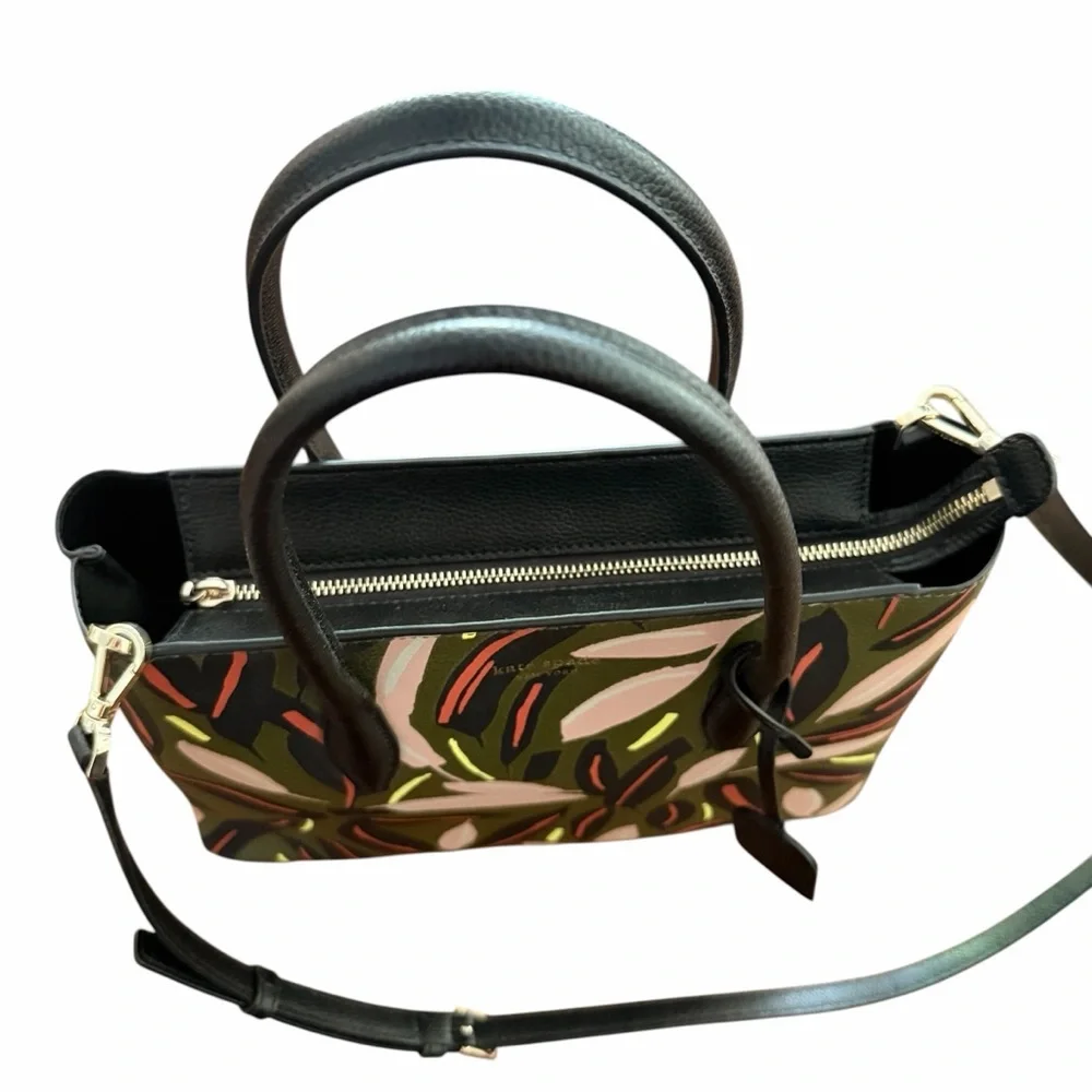 Kate Spade Tropical Boho Structured Tote Olive Floral Print Designer Satchel Bag